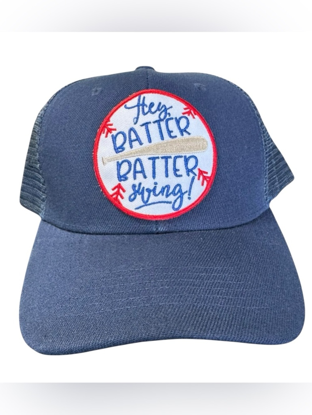 Ladies Navy 'Hey Batter Batter' Baseball Patch Trucker Hat